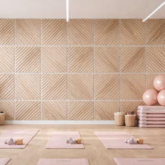 Square horizontal and diagonal oak acoustic wall panels by Solid Furniture installed on a modern UK interior feature wall with grey felt backing.