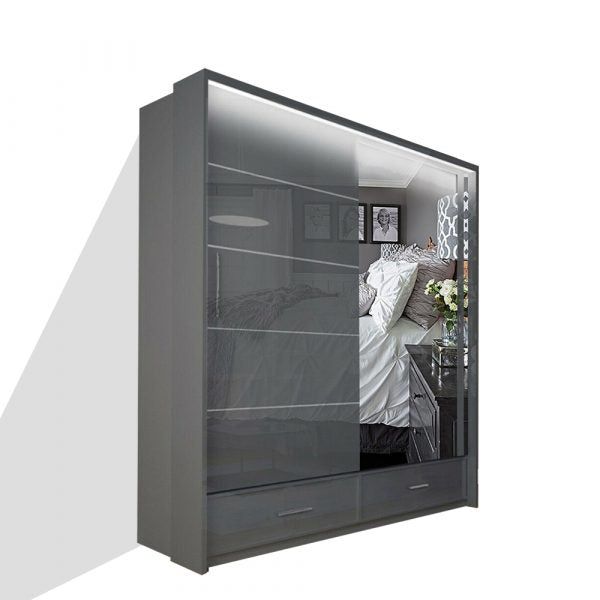 Front view of SYCYLIA 150cm Sliding Wardrobe in grey with full-length mirrored doors, modern and space-saving for UK bedrooms solid furniture UK