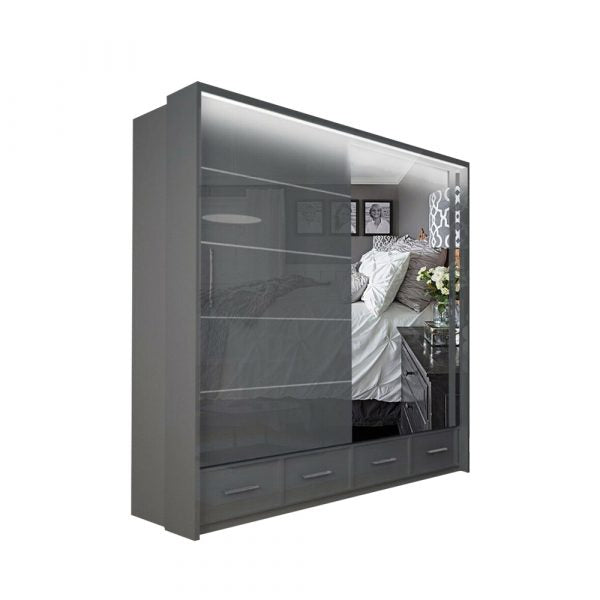 Front view of SYCYLIA 208cm Sliding Wardrobe in grey with full-length mirrored doors, modern and space-saving for UK bedrooms
