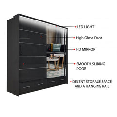 Close-up of SYCYLIA 208cm Sliding Wardrobe high-gloss MDF finish, sleek, modern, and easy-to-clean bedroom furniture UK