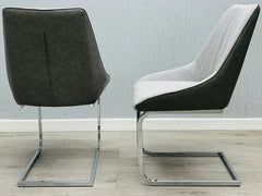 Tenerife grey fabric dining chair set with chrome frame side angle view from Solid Furniture UK