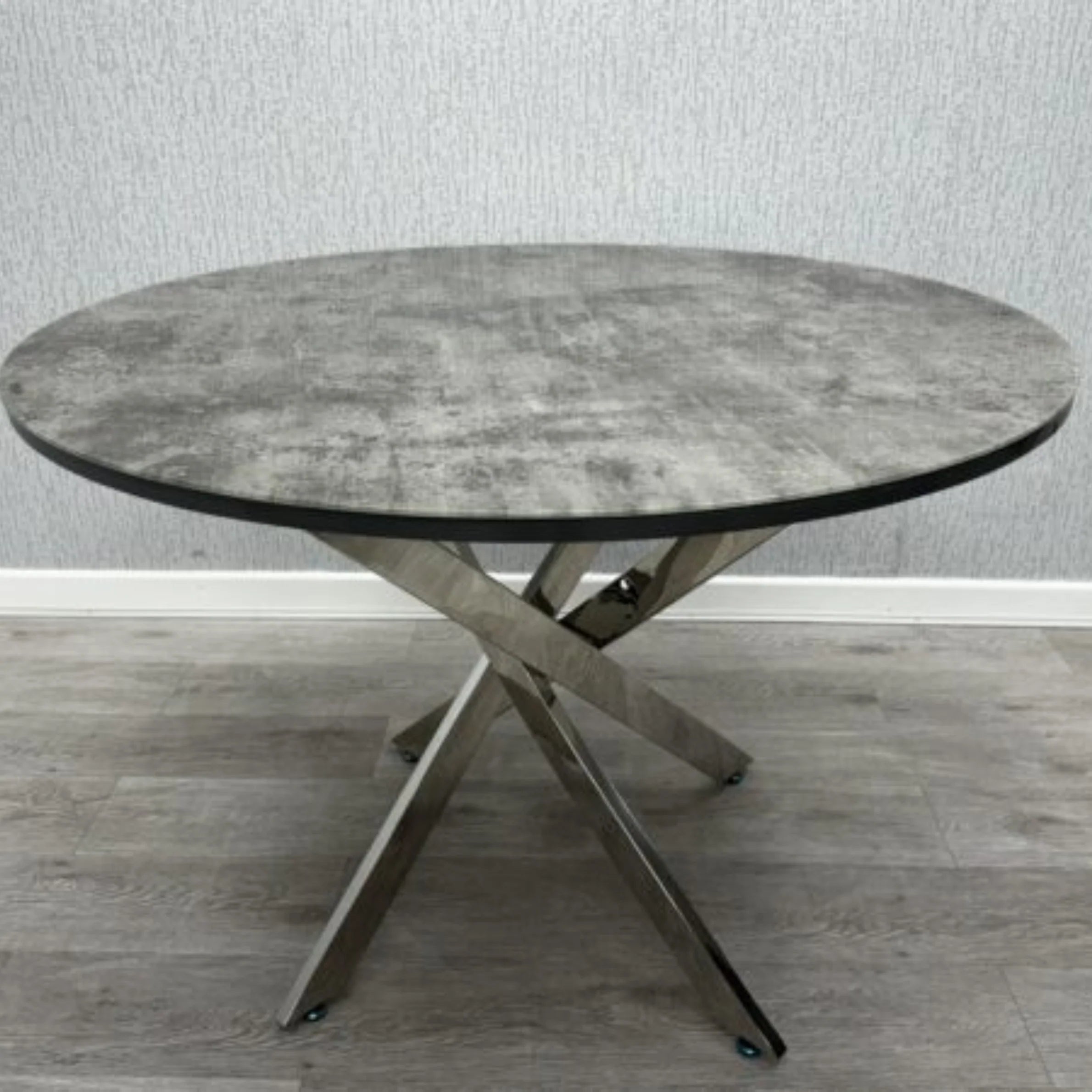 Tokyo Round Dining Table with Grey Stone Effect Glass Top and Chrome Base Main View | Solid Furniture UK