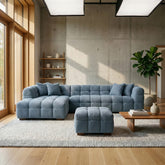 Tribeca Corner Group modern iron bouclé corner sofa in left-hand configuration, showing chaise on the left and spacious seating for a contemporary living room solid furniture UK