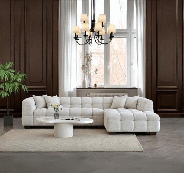 Front view of Tribeca RHF corner sofa in oatmeal bouclé with plush seat cushions solid furniture uk