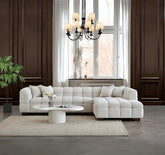 Front view of Tribeca RHF corner sofa in oatmeal bouclé with plush seat cushions solid furniture uk