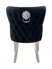Solid Furniture UK back view of black Valentino velvet dining chair with chrome legs and lion knocker