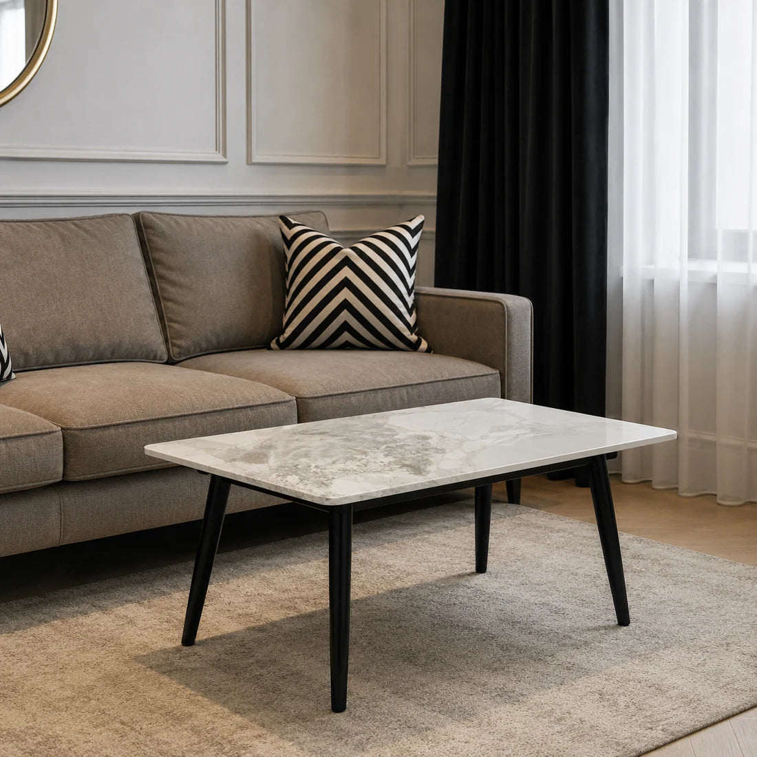 Venice 120cm coffee table with Chanel ceramic top and black frame in a living room UK
