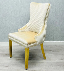Victoria lion knocker chair cream and gold front view from Solid Furniture UK, elegant upholstered dining chair with luxury lion knocker design