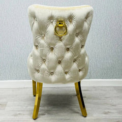 Victoria ring knocker chair cream and gold back view from Solid Furniture UK, elegant upholstered dining chair with knocker back design