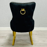 Victoria ring knocker chair gold and black back view from Solid Furniture UK, luxury upholstered dining chair with knocker detail
