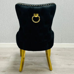 Victoria ring knocker chair gold and black back view from Solid Furniture UK, luxury upholstered dining chair with knocker detail