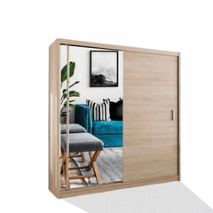 Vision sliding door wardrobe with oak detail and mirror doors in a modern bedroom