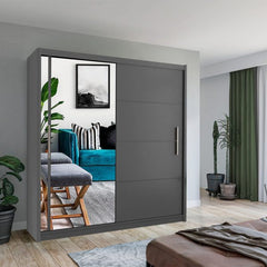 Modern bedroom featuring Vision Sliding Door Wardrobe in grey solid furniture uk