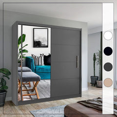 Front view of Vision Sliding Door Wardrobe in grey with mirror panels solid furniture UK