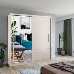 Contemporary bedroom featuring Vision White Sliding Door Wardrobe with mirrors solid furniture UK