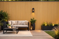 Oak effect 180cm outdoor wall panel shown in main view, featuring a modern slatted WPC design suitable for exterior cladding on gardens, patios, and feature walls. solid furniture UK