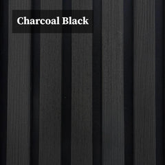 3D decorative close-up of a square acoustic charcoal black wall panel by Solid Furniture LTD highlighting wood slat texture, spacing, and felt backing for sound absorption.