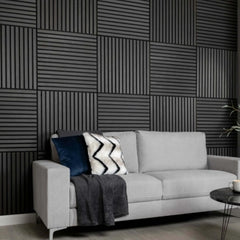 3D decorative view of square acoustic charcoal black wall panels by Solid Furniture LTD installed in a modern drawing room, enhancing acoustics and aesthetics.