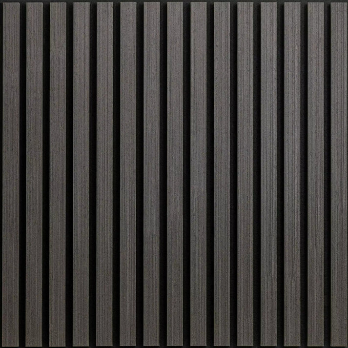 3D decorative main view of a square acoustic charcoal black wall panel by Solid Furniture LTD, showing wood slats and felt backing for improved sound performance.