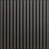 3D decorative main view of a square acoustic charcoal black wall panel by Solid Furniture LTD, showing wood slats and felt backing for improved sound performance.
