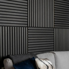 3D decorative side view of a square acoustic charcoal black wall panel by Solid Furniture LTD showing 2 cm thickness, wood slat dimensions, and felt backing.