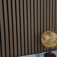 Main view of 60x280 walnut acoustic wall panel UK featuring slatted design, high-density fiberboard construction, and rich walnut finish. solid furniture UK