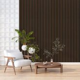 60x280 walnut acoustic wall panels installed in a modern UK interior, creating a warm elegant feature wall with improved sound control. solid furniture UK