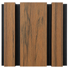 Close up detail of Walnut composite wall cladding panel with modern wide slat exterior finish solid furniture UK