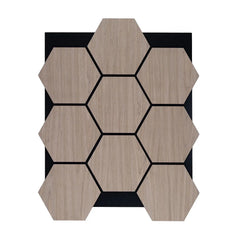 Walnut Hexagon Acoustic Wall Panels in modern living room. solid furniture uk