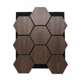 Walnut hexagon wall panels displayed in main view, showing rich finish, modular design, and acoustic features suitable for home or commercial interiors. solid furniture UK