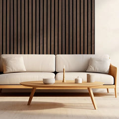 Walnut acoustic wall panels 60x240 by Solid Furniture UK installed in an elegant drawing room creating a warm, sophisticated feature wall with enhanced acoustic comfort