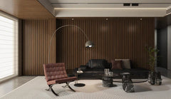 Interior room in UK featuring walnut seamless wall panels by Solid Furniture LTD creating a warm modern space