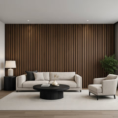 Walnut WPC slatted wall panel 30x240cm installed in a living room – Solid Furniture UK