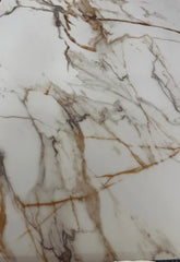 White and gold Ravello 160cm marble-effect table top with high-gloss finish and elegant gold pedestal base, perfect for contemporary dining rooms. solid furniutre UK