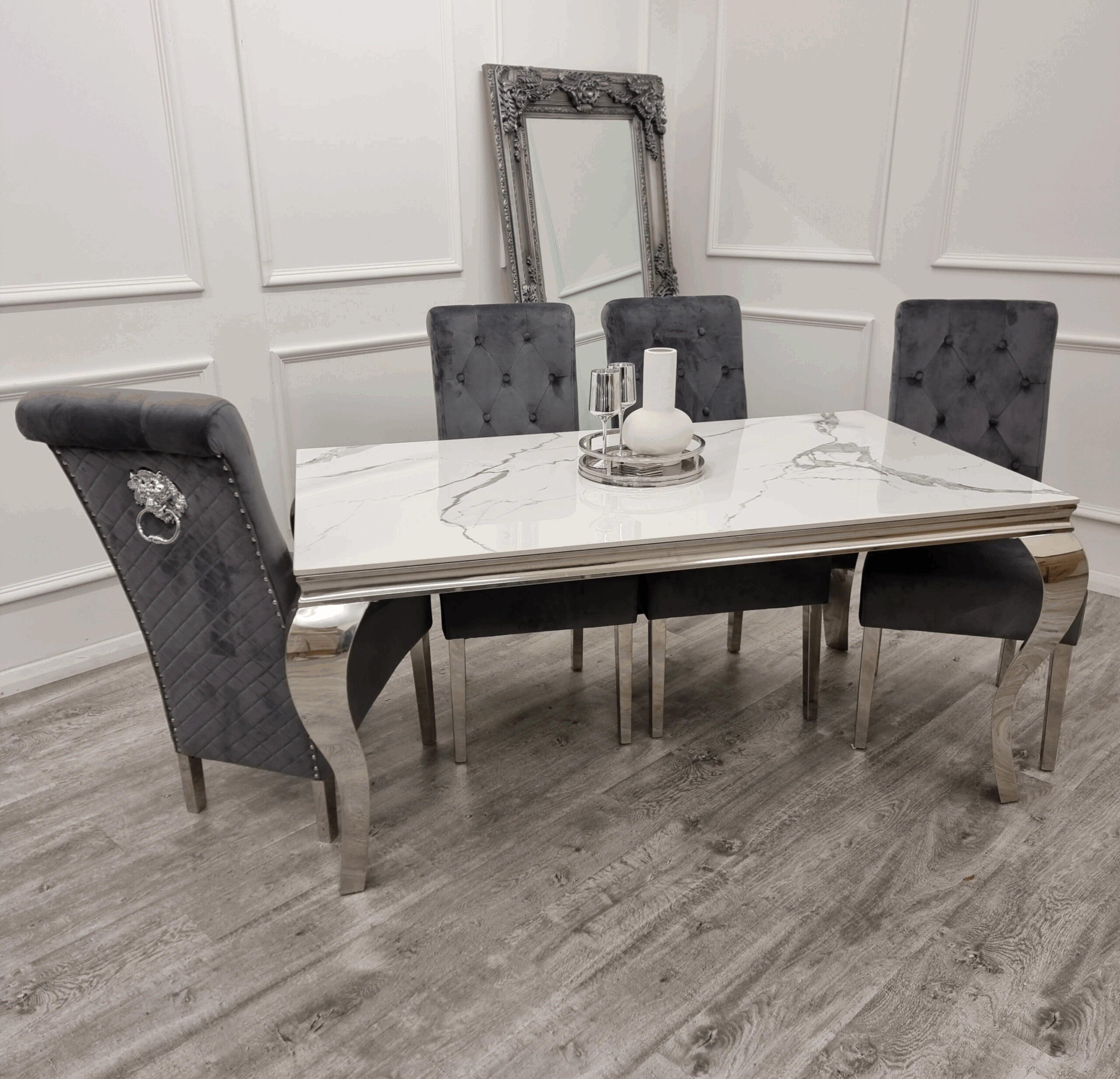 Solid Furniture UK white Louis chrome dining table with dark grey Sofia velvet chairs main view