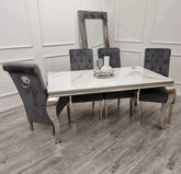 Solid Furniture UK white Louis chrome dining table with dark grey Sofia velvet chairs main view