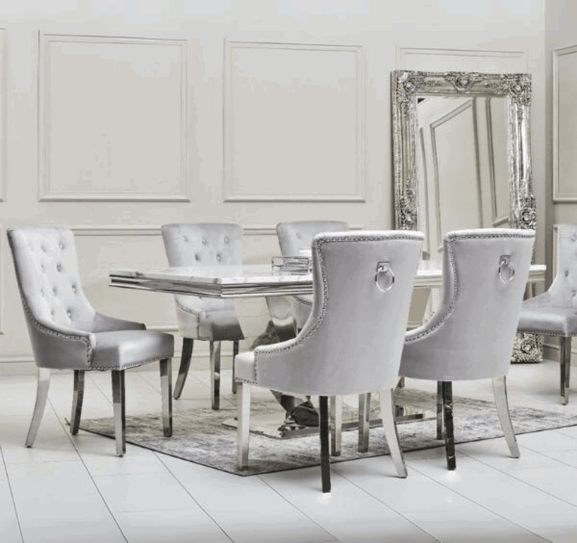 White marble effect dining table with Valencia light grey PU leather chairs set UK modern luxury dining furniture from Solid Furniture UK