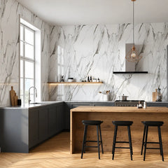White marble PVC wall panels 60x240cm installed in a modern kitchen by Solid Furniture UK