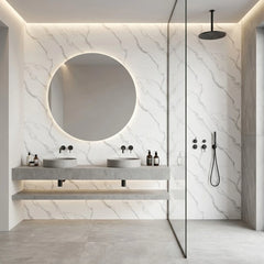 White marble effect wall panels 90×240cm fitted in a contemporary bathroom by Solid Furniture UK
