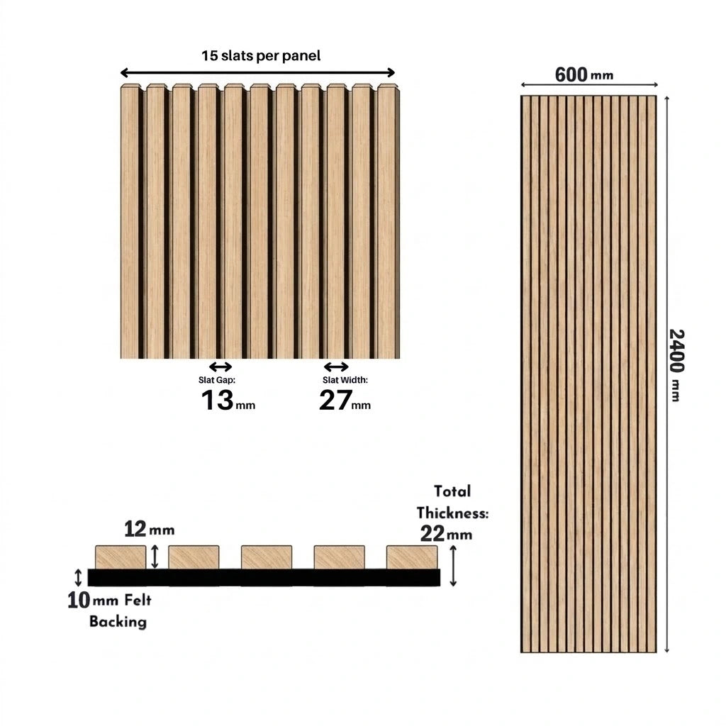 White Oak Acoustic Wall Panels 60 × 240 cm with panel dimensions displayed – Solid Furniture UK