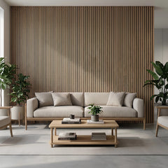 White Oak Acoustic Slatted Wall Panels 60 × 240 cm installed in a modern living room – Solid Furniture UK