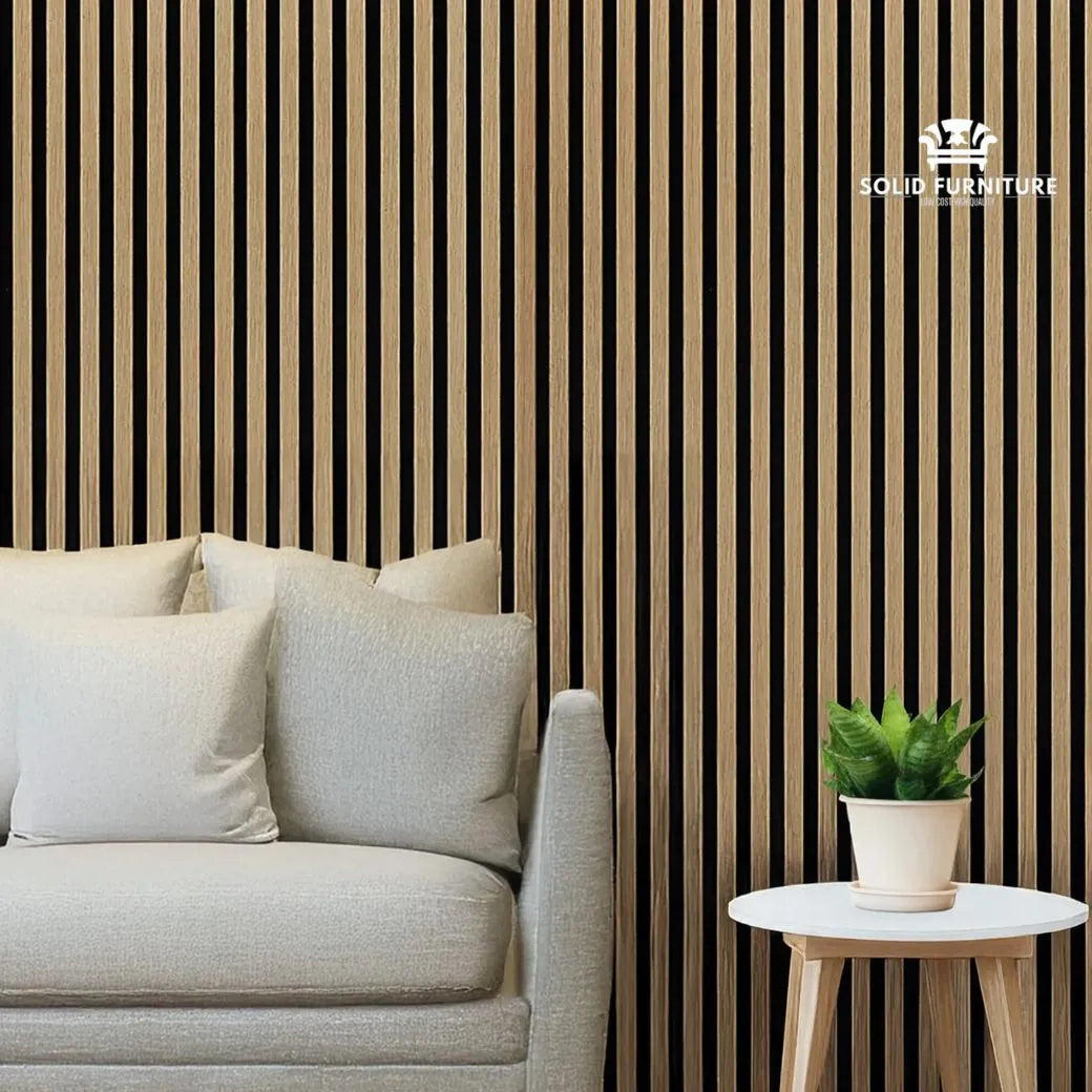Full room view featuring White Oak 60x240cm acoustic wall panels by Solid Furniture UK installed in a modern bright interior space