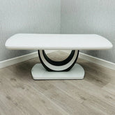 White Texas coffee table with 120cm high gloss top and U-shaped base | Solid Furniture UK