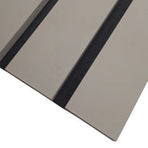Close-up of wide slat 3-sided Dove Grey wall panel showing smooth texture, detailed slat edges, and acoustic felt backing for enhanced sound absorption and modern aesthetic solid furniture UK