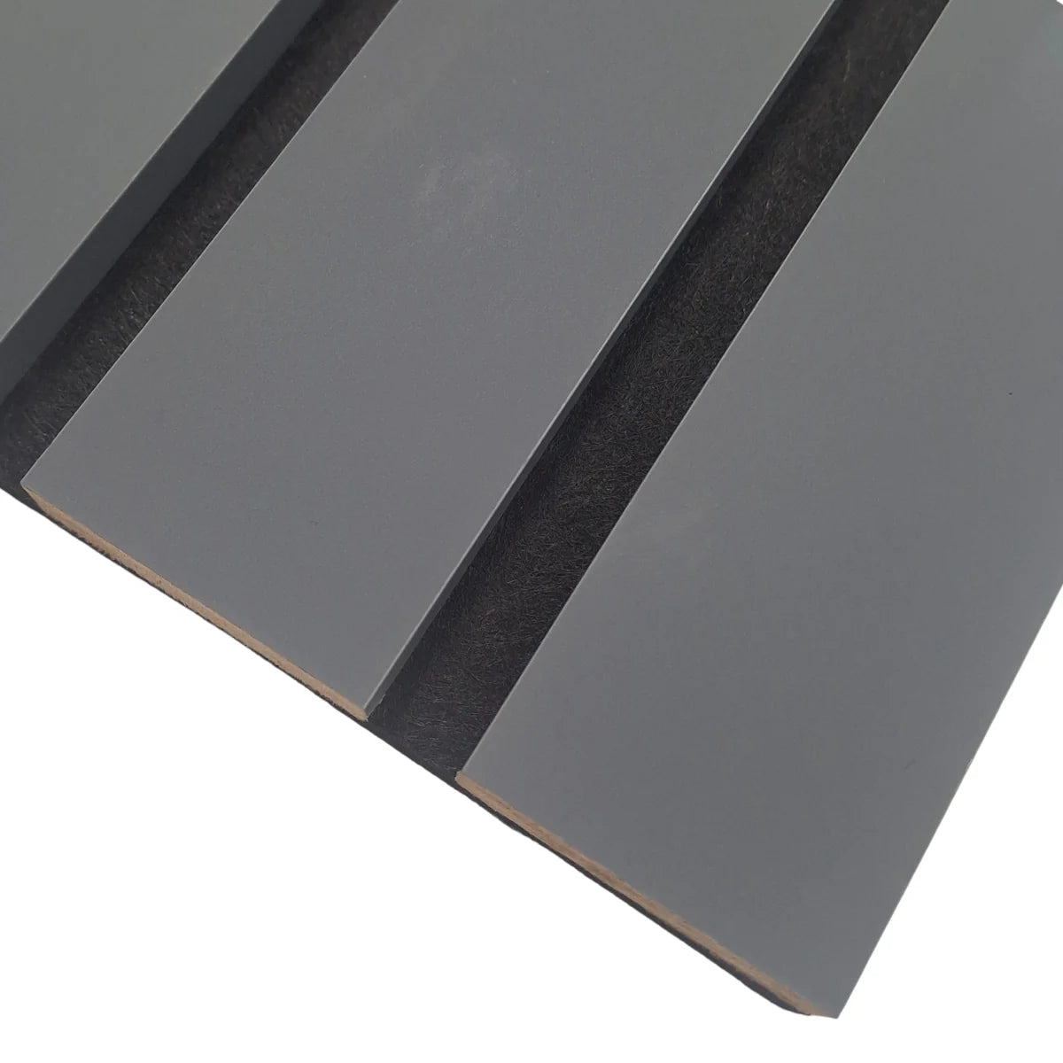 Close-up of wide slat 3-sided grey wall panel highlighting smooth texture, detailed slat edges, and high-quality acoustic felt for enhanced sound absorption solid furniture UK