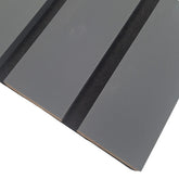 Close-up of wide slat 3-sided grey wall panel highlighting smooth texture, detailed slat edges, and high-quality acoustic felt for enhanced sound absorption solid furniture UK