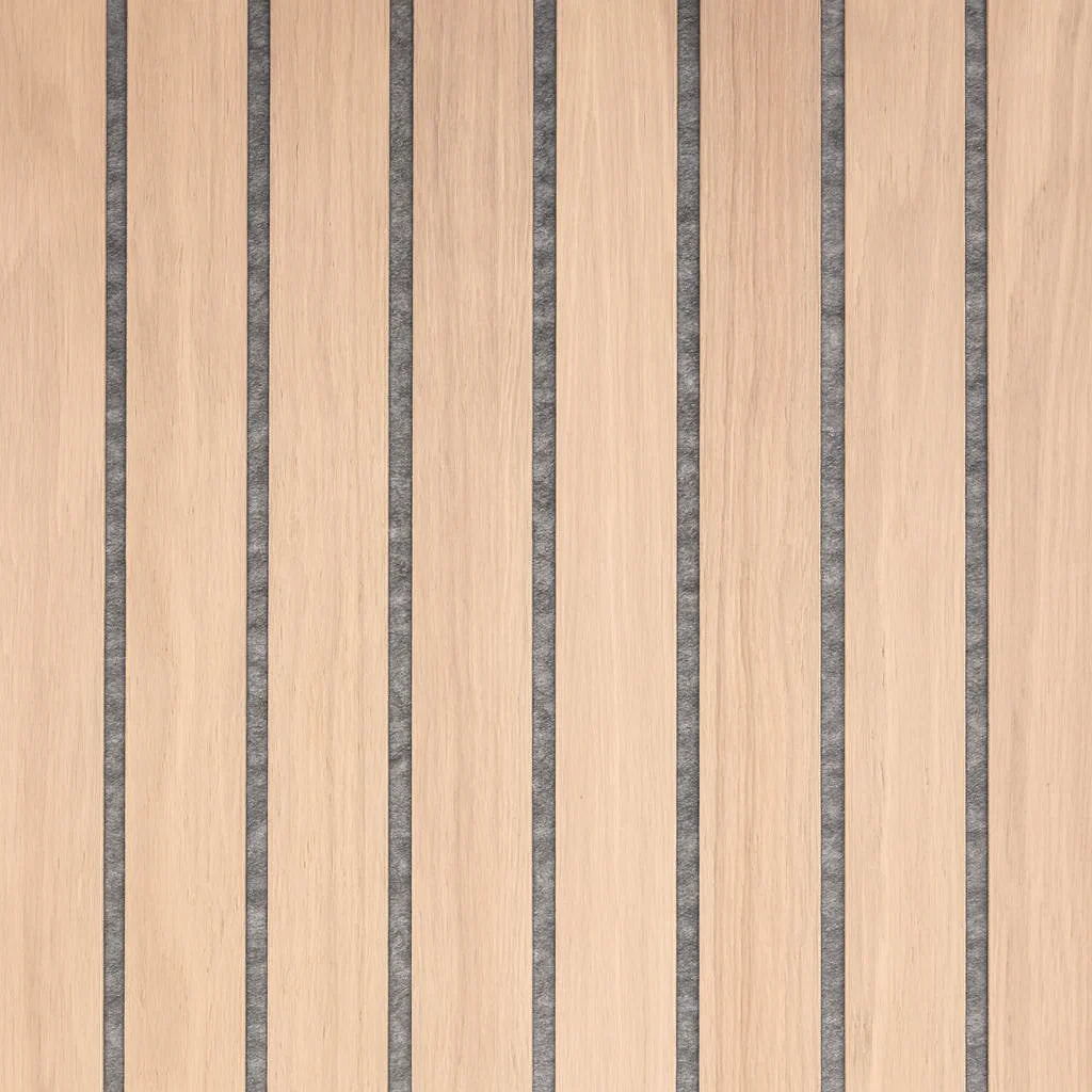 Front view of wide slat 3-sided wood veneer acoustic wall panel in premium oak on grey felt showing full panel design, clean edges, and modern slat pattern solid furniture UK