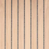 Front view of wide slat 3-sided wood veneer acoustic wall panel in premium oak on grey felt showing full panel design, clean edges, and modern slat pattern solid furniture UK