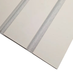 Close-up of wide slat 3-sided wall panel in white on white felt highlighting smooth texture, detailed slat edges, and high-quality acoustic felt solid furniture UK