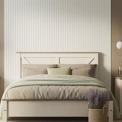 Wide slat 3-sided white on white felt wall panels installed in a modern living room creating a bright, contemporary feature wall with improved acoustics solid furniture UK